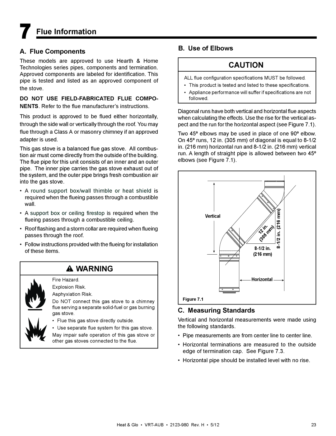 Heat & Glo LifeStyle VRT-BZ-N-AUB, VRT-GY-N-AUB Flue Information, Flue Components, Use of Elbows, Measuring Standards 