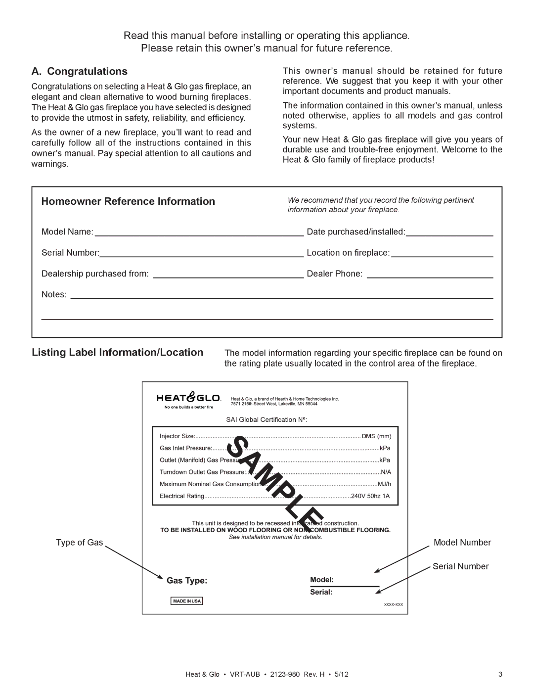 Heat & Glo LifeStyle VRT-BZ-N-AUB Congratulations, Homeowner Reference Information, Listing Label Information/Location 
