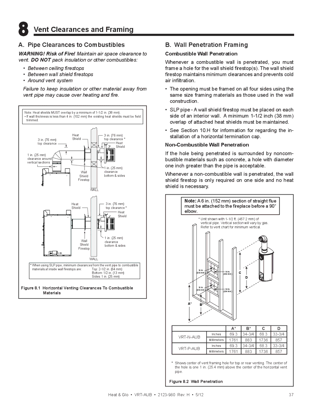 Heat & Glo LifeStyle VRT-GY-P-AUB Vent Clearances and Framing, Pipe Clearances to Combustibles, Wall Penetration Framing 