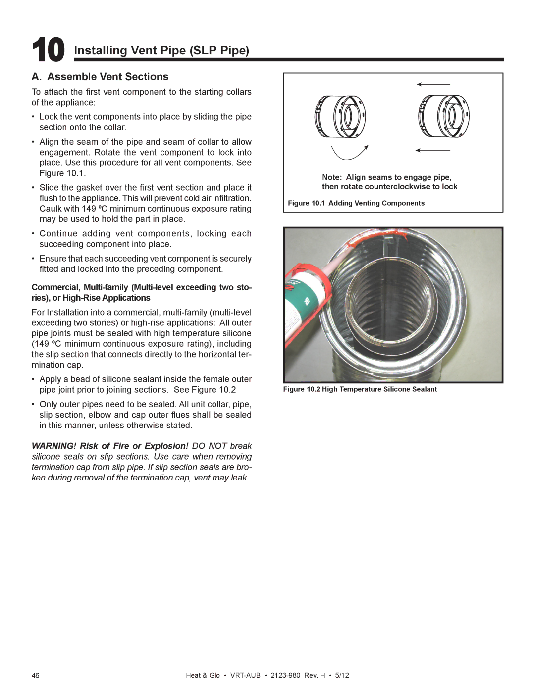 Heat & Glo LifeStyle VRT-BZ-P-AUB, VRT-GY-N-AUB, VRT-GY-P-AUB Installing Vent Pipe SLP Pipe, Assemble Vent Sections 