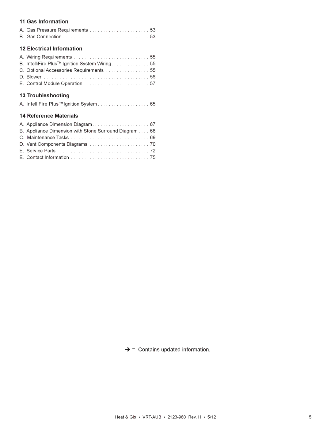 Heat & Glo LifeStyle VRT-GY-P-AUB Gas Information, Electrical Information, Troubleshooting, Reference Materials 