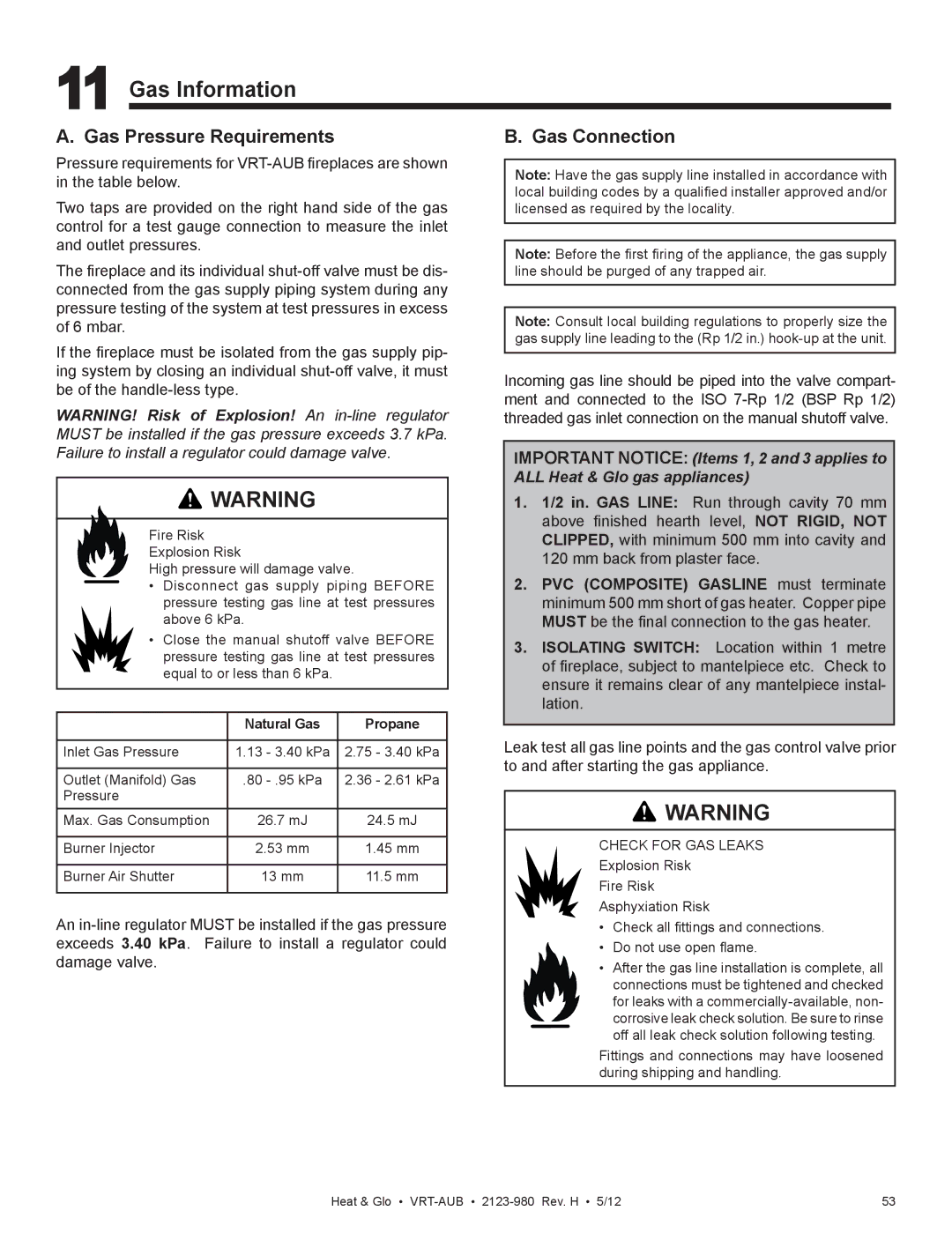 Heat & Glo LifeStyle VRT-GY-P-AUB, VRT-GY-N-AUB, VRT-BZ-P-AUB Gas Information, Gas Pressure Requirements Gas Connection 