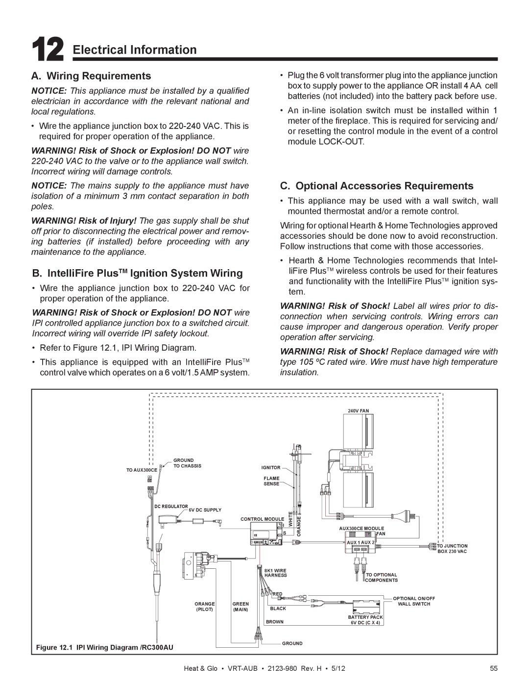 Heat & Glo LifeStyle VRT-BZ-N-AUB Electrical Information, Wiring Requirements, IntelliFire PlusTM Ignition System Wiring 