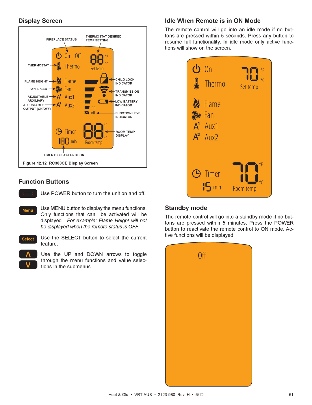 Heat & Glo LifeStyle VRT-GY-P-AUB Display Screen, Function Buttons, Idle When Remote is in on Mode, Standby mode 