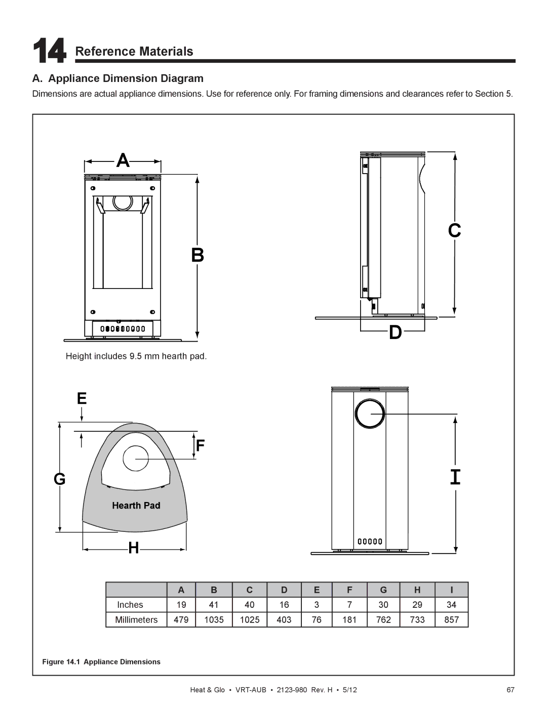 Heat & Glo LifeStyle VRT-BZ-N-AUB, VRT-GY-N-AUB, VRT-GY-P-AUB, VRT-BZ-P-AUB Reference Materials, Appliance Dimension Diagram 