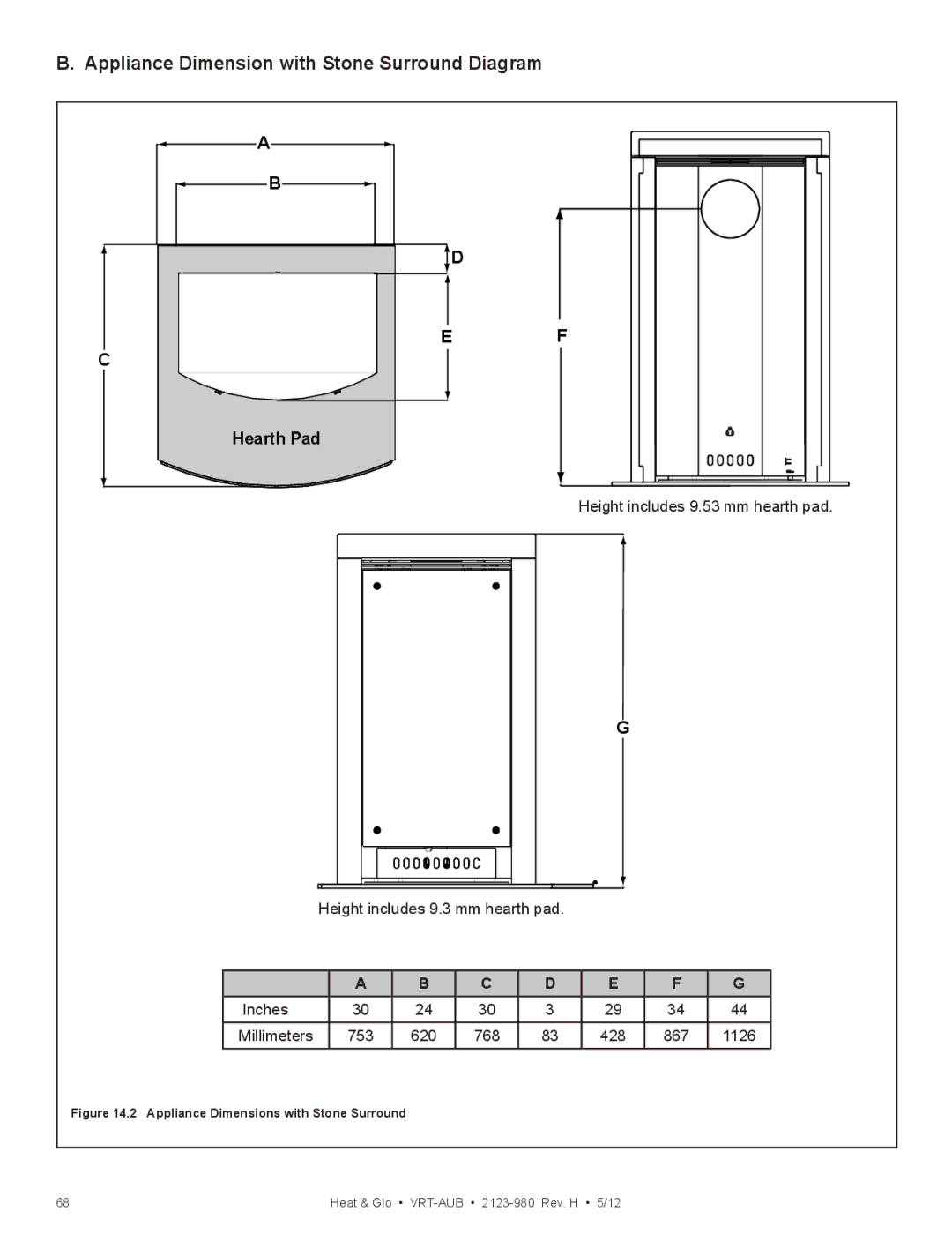 Heat & Glo LifeStyle VRT-GY-N-AUB, VRT-GY-P-AUB, VRT-BZ-P-AUB Appliance Dimension with Stone Surround Diagram, Hearth Pad 