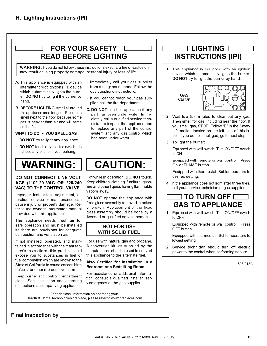 Heat & Glo LifeStyle VRT-BZ-N-AUB For Your Safety Read Before Lighting, Lighting Instructions Ipi, Final inspection by 