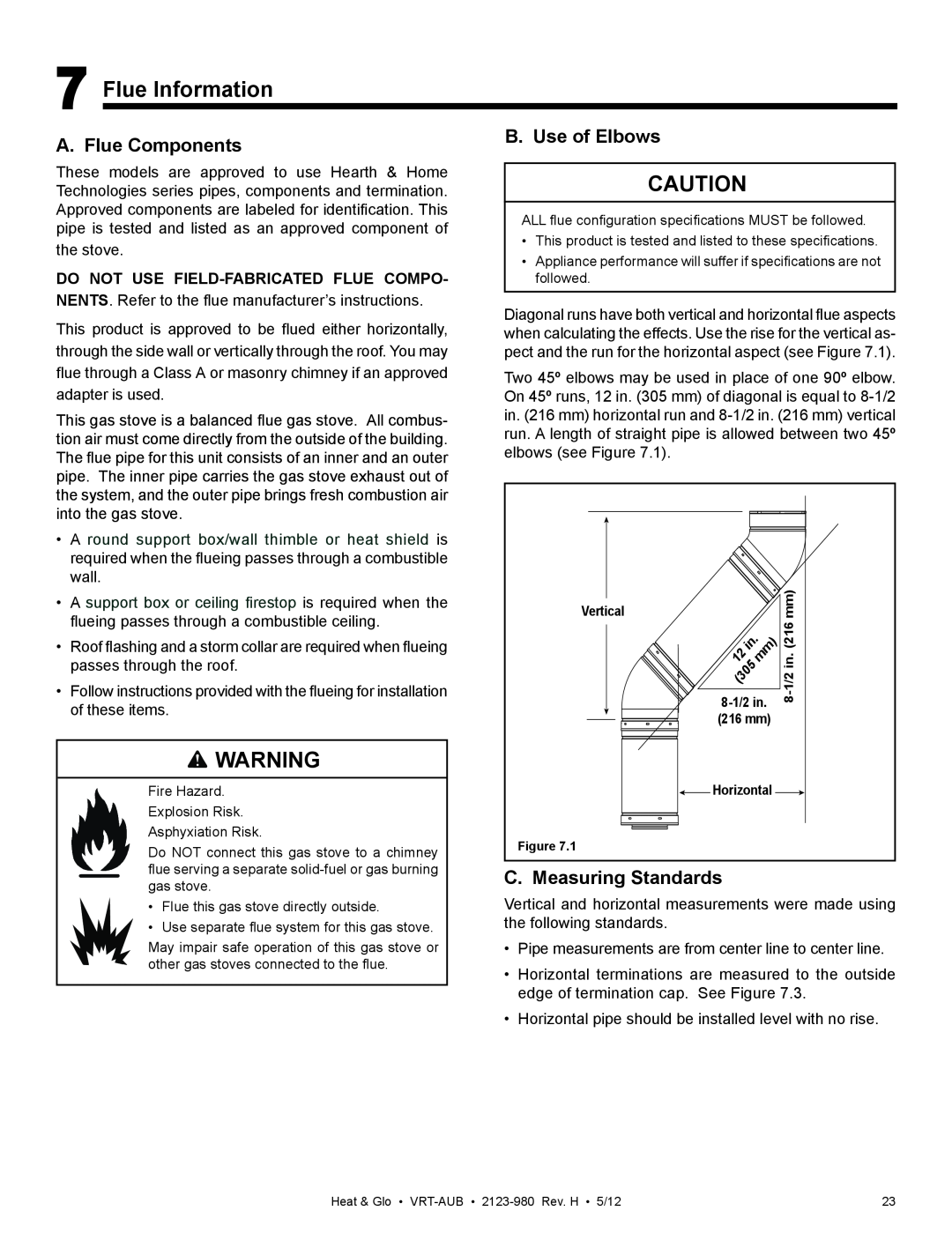 Heat & Glo LifeStyle VRT-BZ-N-AUB Flue Information, A. Flue Components, B. Use of Elbows, C. Measuring Standards 
