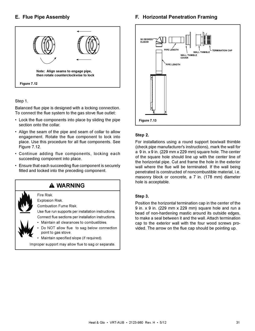 Heat & Glo LifeStyle VRT-BZ-N-AUB, VRT-GY-N-AUB owner manual E. Flue Pipe Assembly, F. Horizontal Penetration Framing, Step 