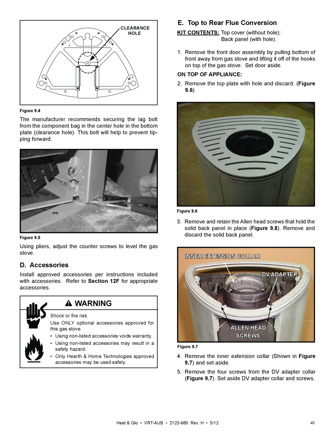 Heat & Glo LifeStyle VRT-GY-P-AUB owner manual D. Accessories, E. Top to Rear Flue Conversion, On Top Of Appliance, Screws 