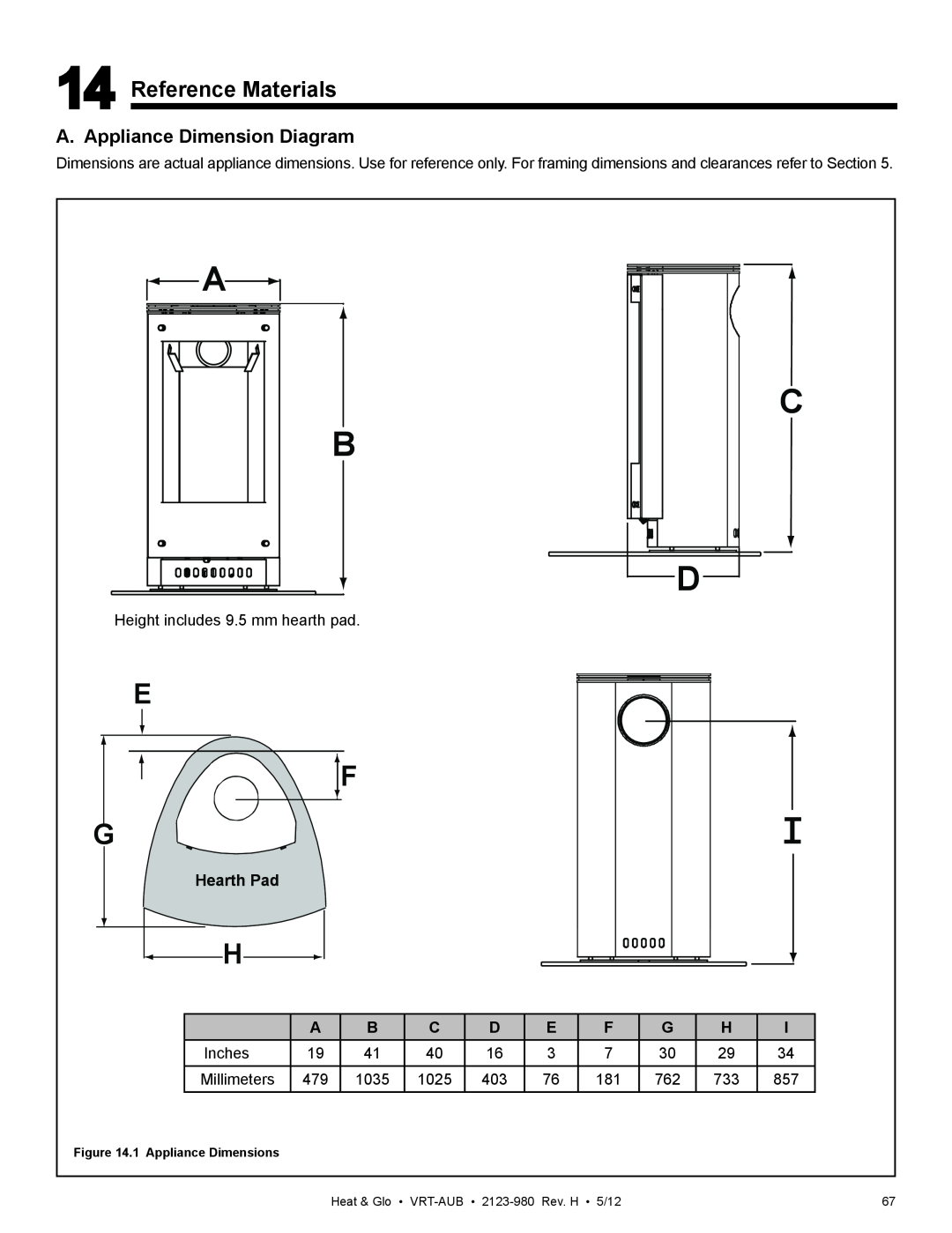 Heat & Glo LifeStyle VRT-BZ-N-AUB, VRT-GY-N-AUB E F G, Reference Materials, A. Appliance Dimension Diagram, Hearth Pad 
