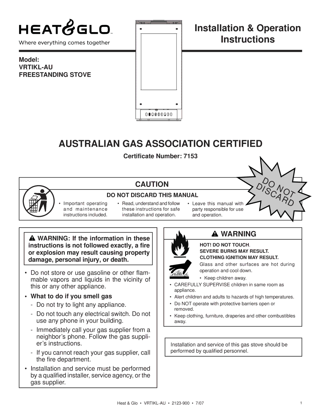 Heat & Glo LifeStyle VRTIKL-AU manual Model, Certiﬁcate Number, What to do if you smell gas, Do Discardnot 