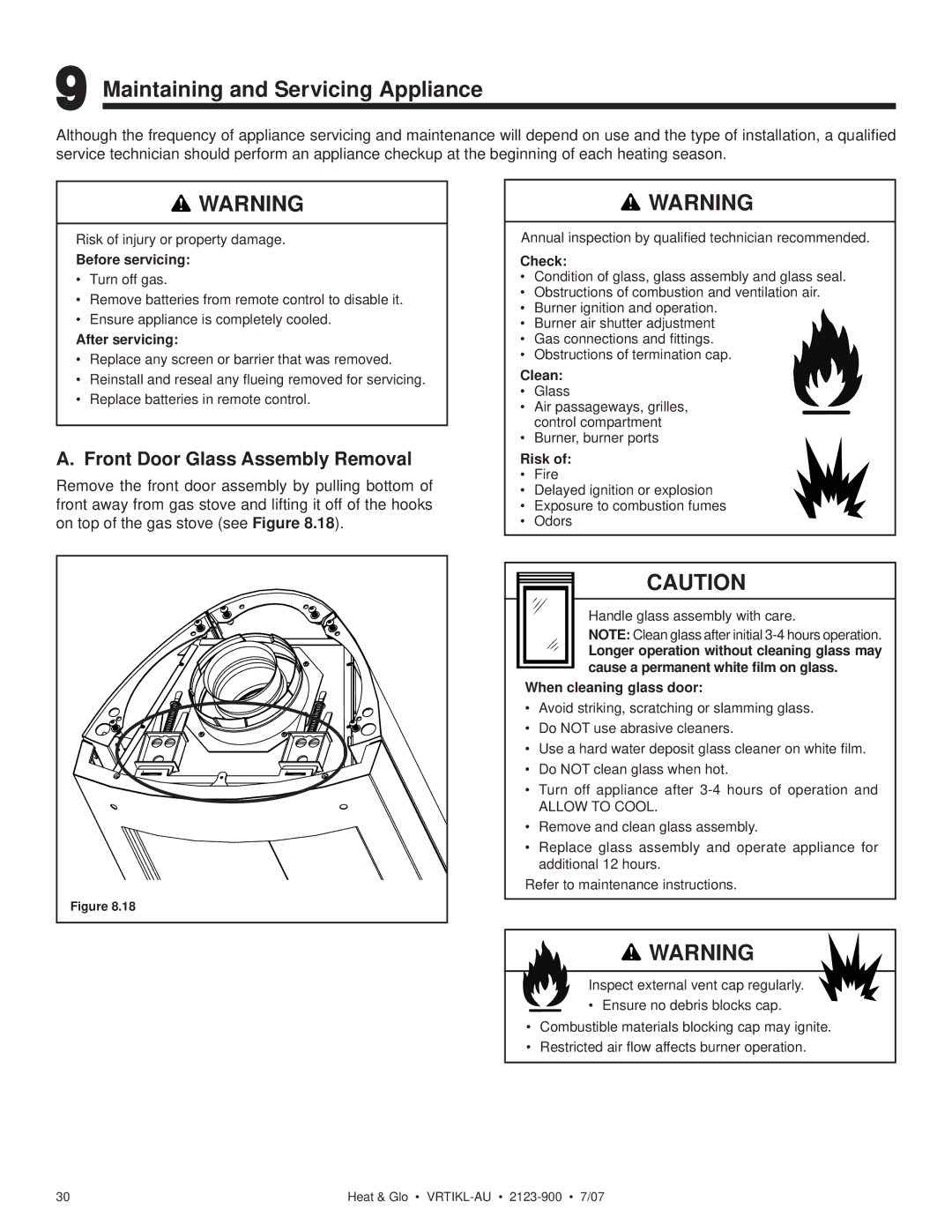Heat & Glo LifeStyle VRTIKL-AU manual Maintaining and Servicing Appliance, Front Door Glass Assembly Removal 
