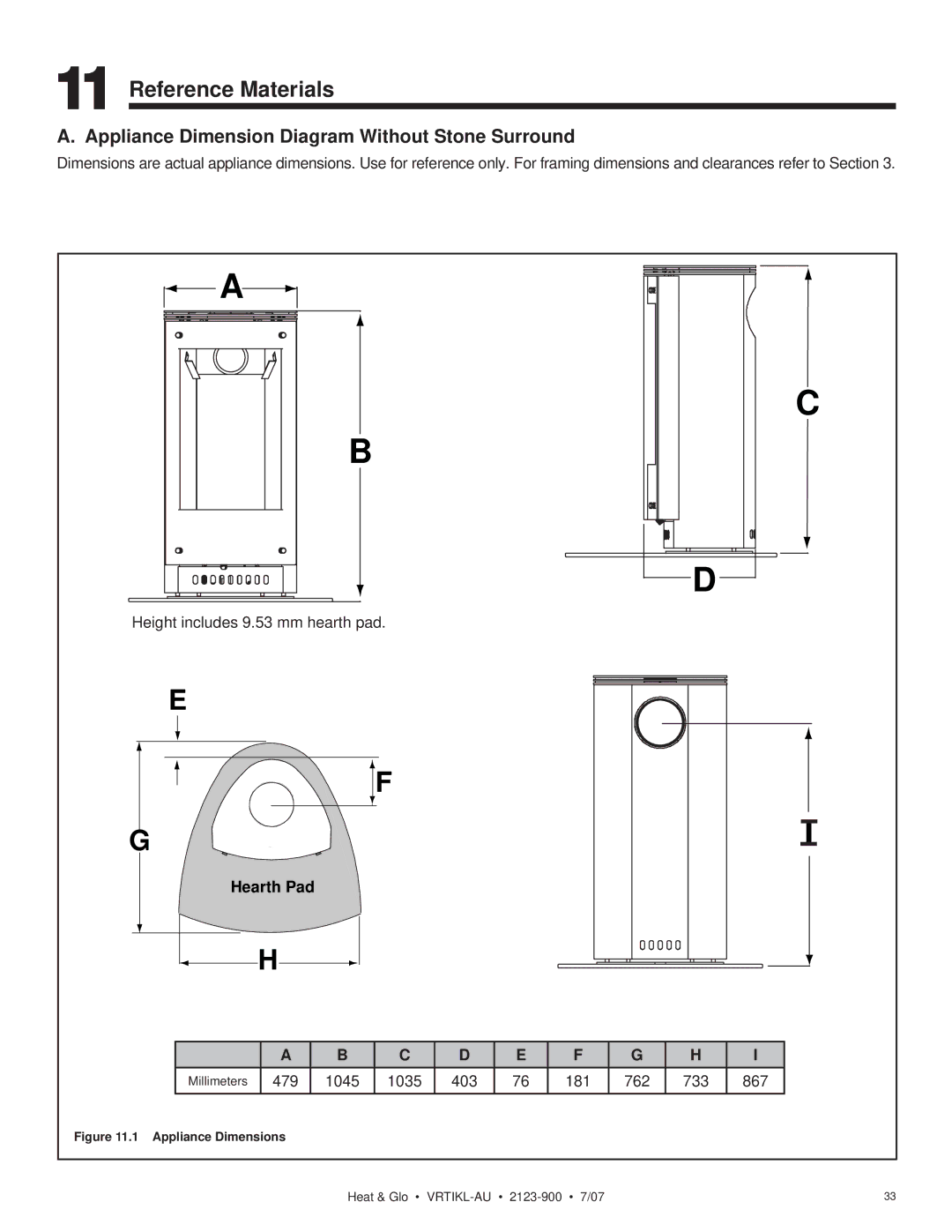 Heat & Glo LifeStyle VRTIKL-AU manual Reference Materials, Appliance Dimension Diagram Without Stone Surround 