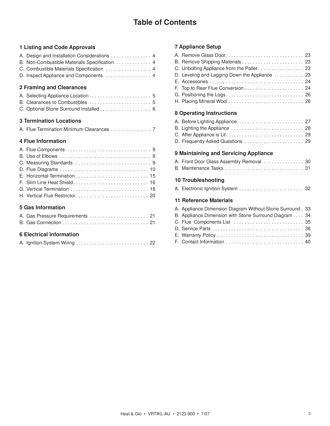 Heat & Glo LifeStyle VRTIKL-AU manual Table of Contents 