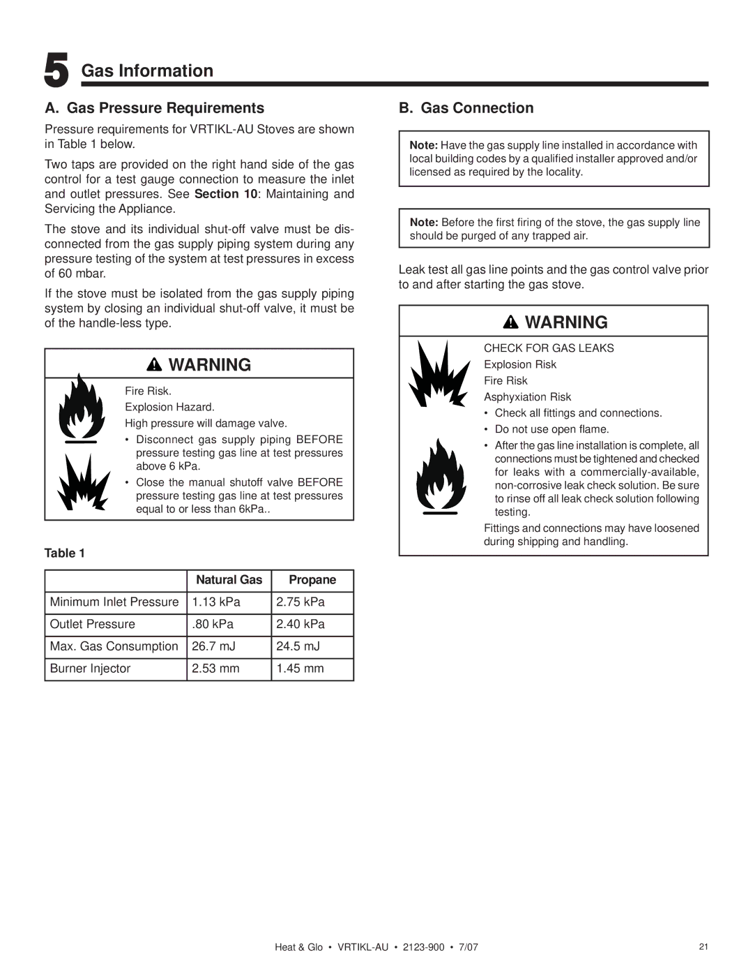 Heat & Glo LifeStyle VRTIKL-AU manual Gas Information, Gas Pressure Requirements Gas Connection 