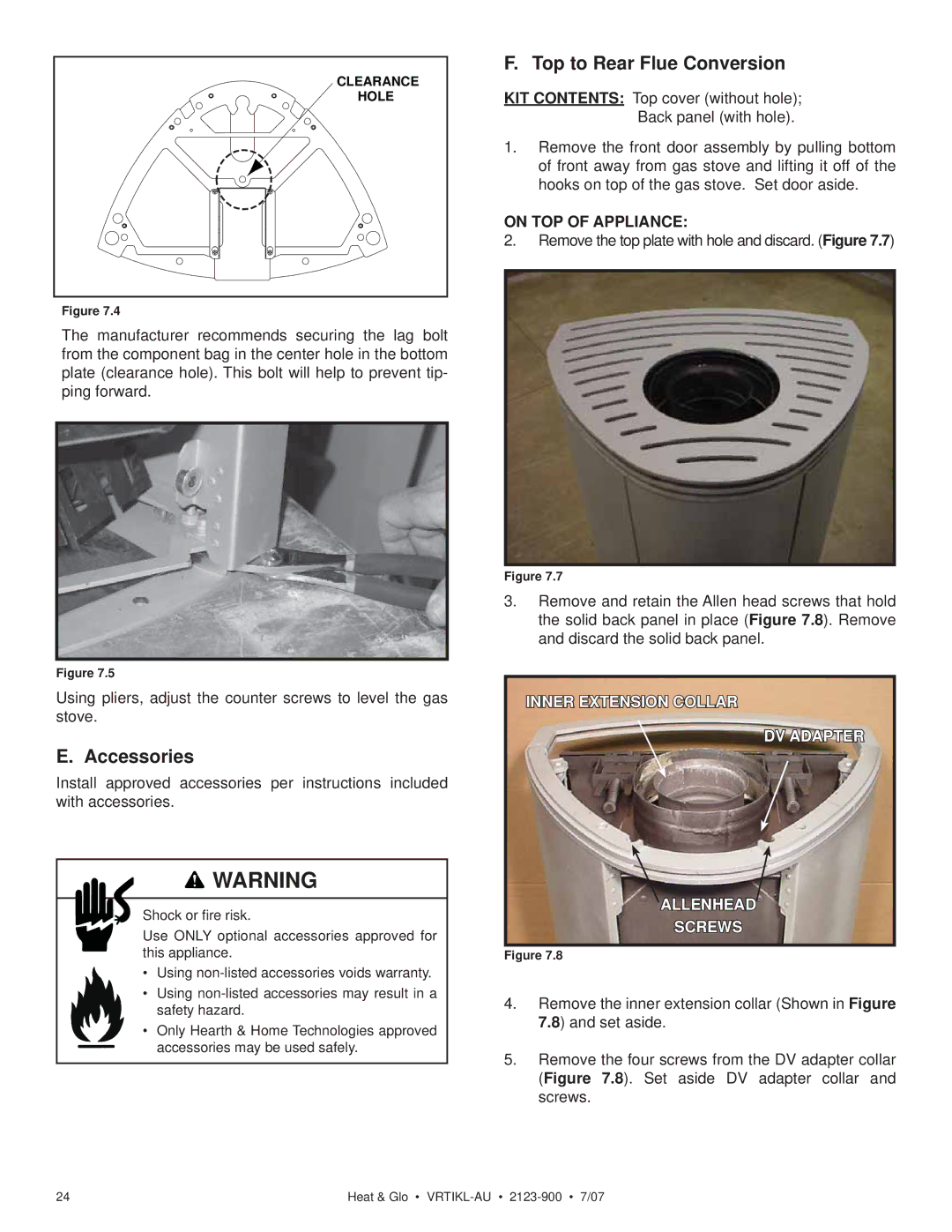 Heat & Glo LifeStyle VRTIKL-AU manual Accessories, Top to Rear Flue Conversion, On TOP of Appliance 