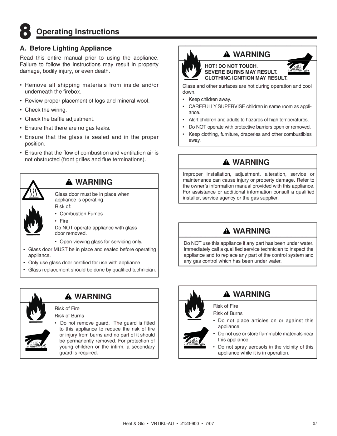 Heat & Glo LifeStyle VRTIKL-AU manual Operating Instructions, Before Lighting Appliance 