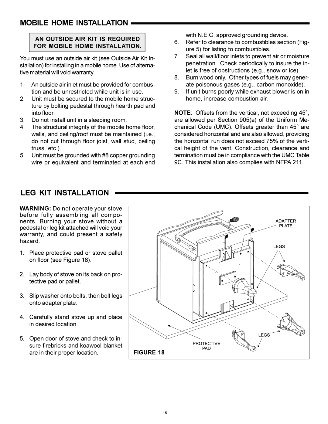 Heat & Glo LifeStyle WS-250, WS-150 installation instructions Mobile Home Installation, LEG KIT Installation 