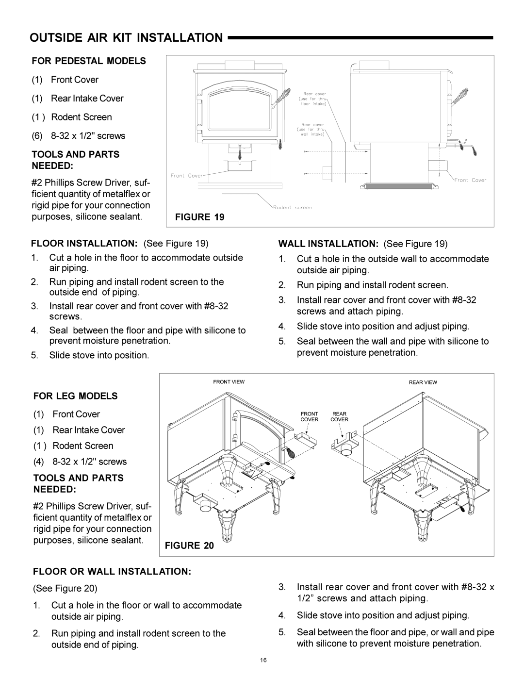 Heat & Glo LifeStyle WS-150 Outside AIR KIT Installation, For Pedestal Models, Tools and Parts Needed, For LEG Models 