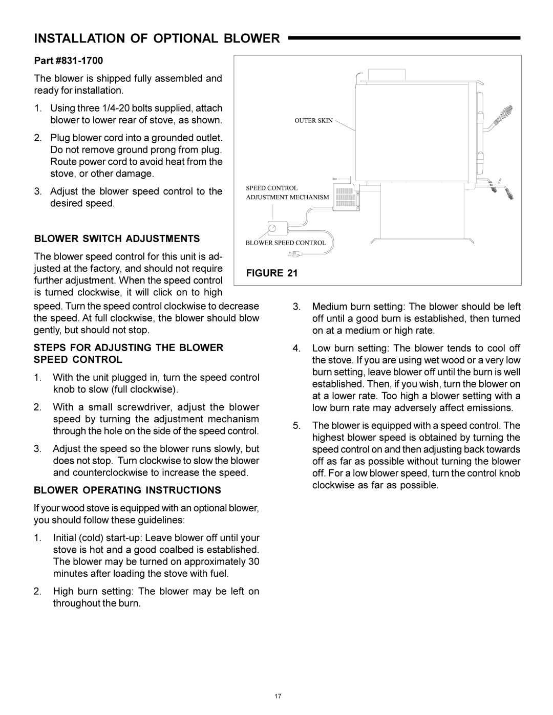 Heat & Glo LifeStyle WS-250, WS-150 Installation of Optional Blower, 831-1700, Blower Switch Adjustments 