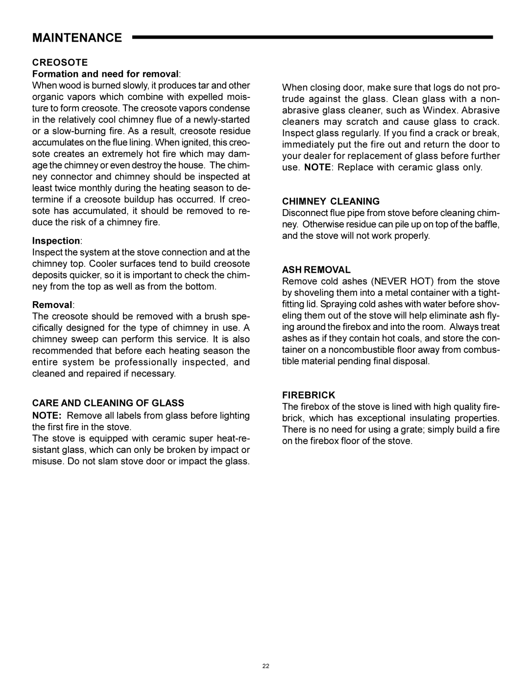 Heat & Glo LifeStyle WS-150, WS-250 installation instructions Maintenance 