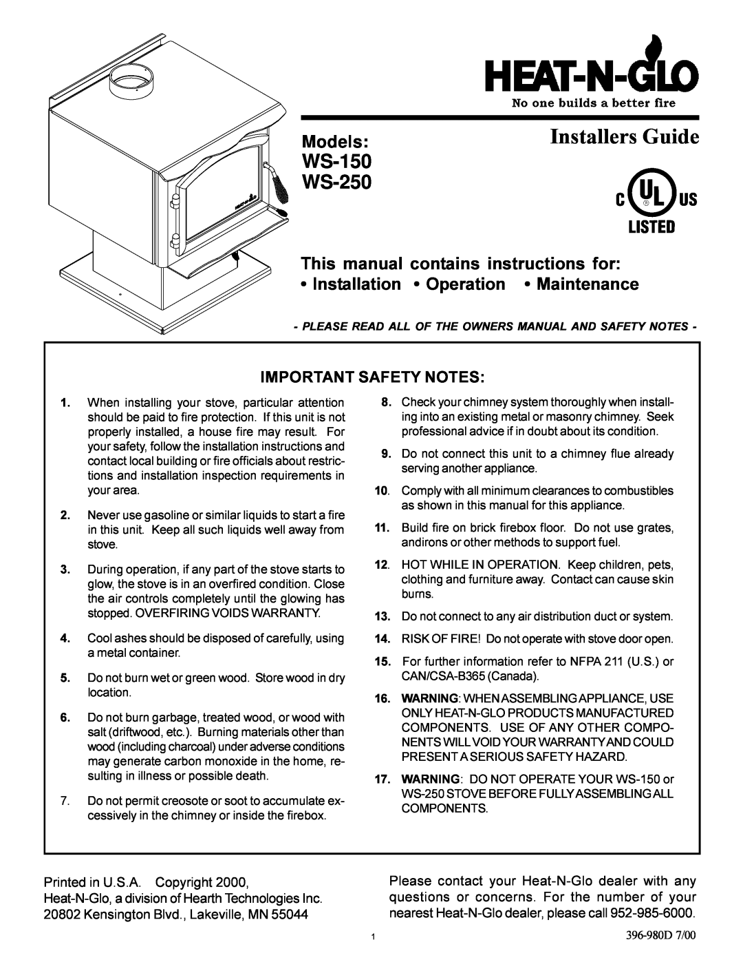 Heat & Glo LifeStyle WS-250 installation instructions Models, This manual contains instructions for, Installers Guide 
