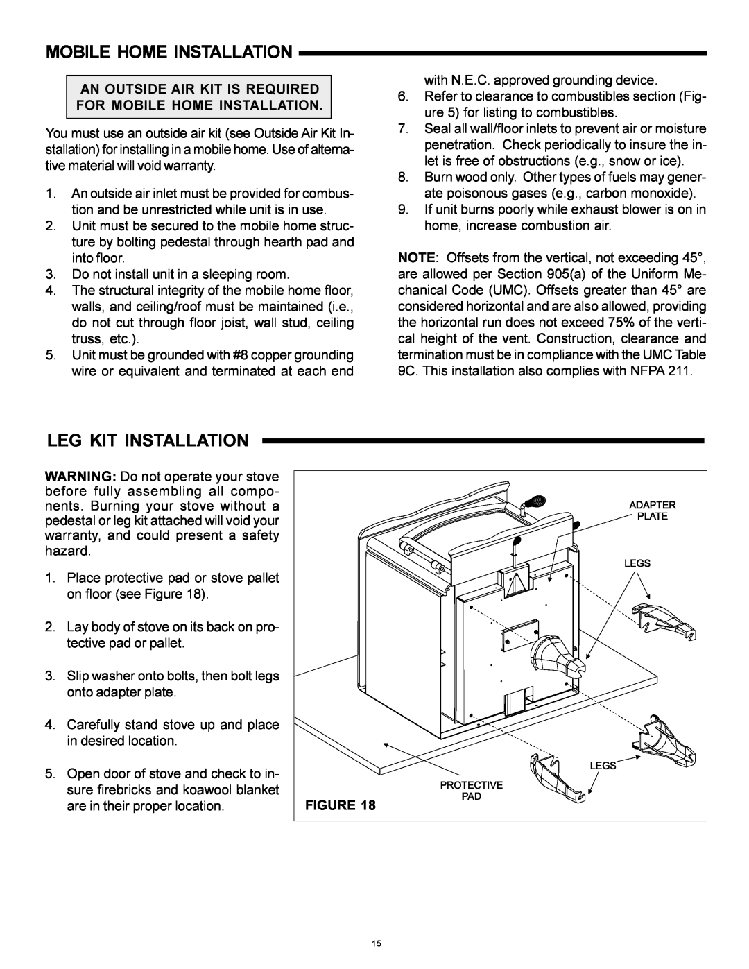 Heat & Glo LifeStyle WS-250, WS-150 installation instructions Mobile Home Installation, Leg Kit Installation 