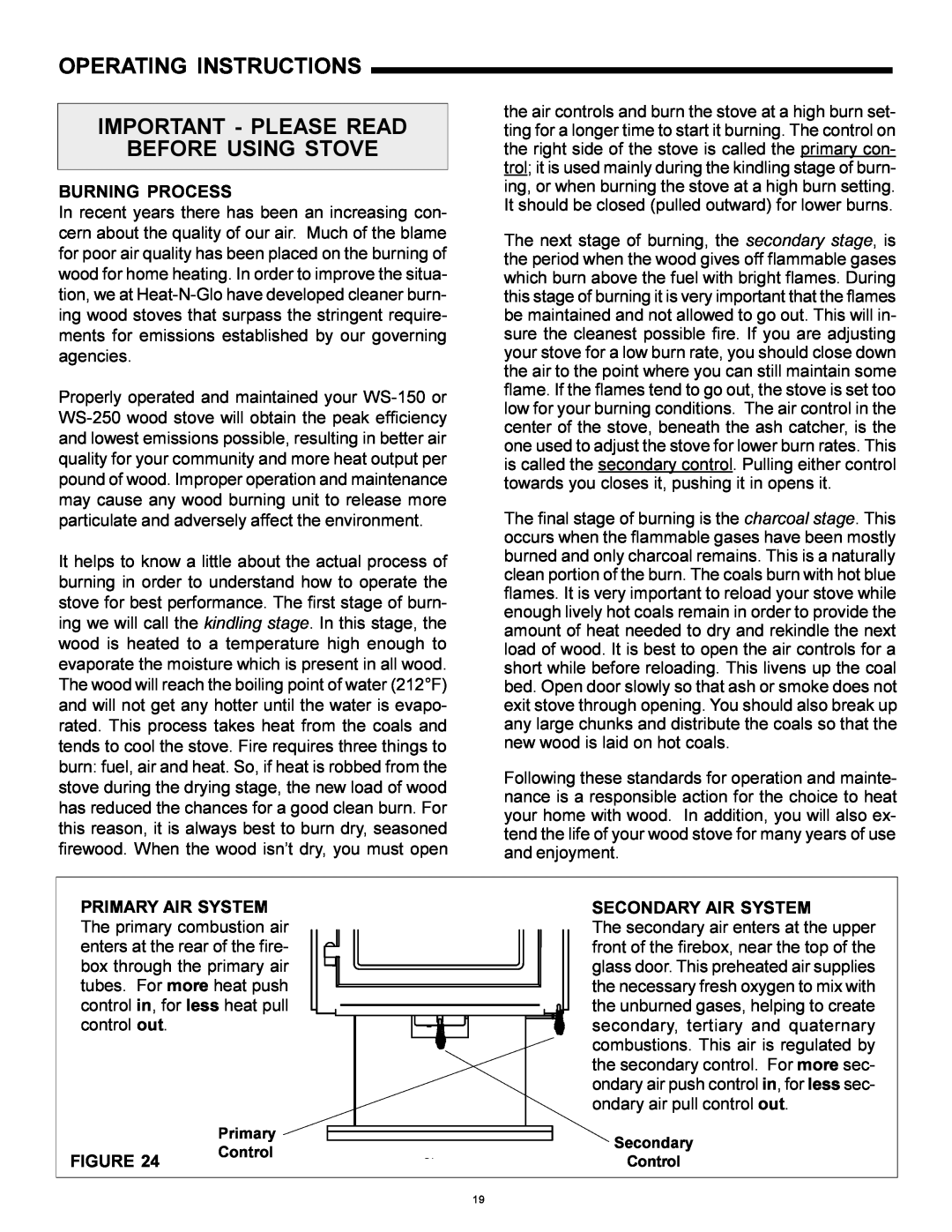 Heat & Glo LifeStyle WS-250, WS-150 Operating Instructions Important - Please Read, Before Using Stove, Burning Process 