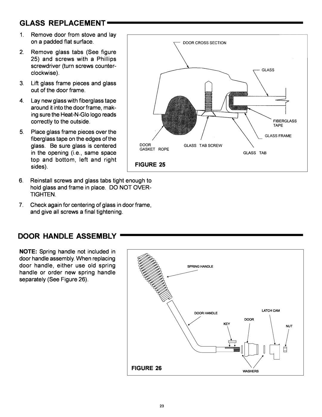 Heat & Glo LifeStyle WS-250, WS-150 installation instructions Glass Replacement, Door Handle Assembly 