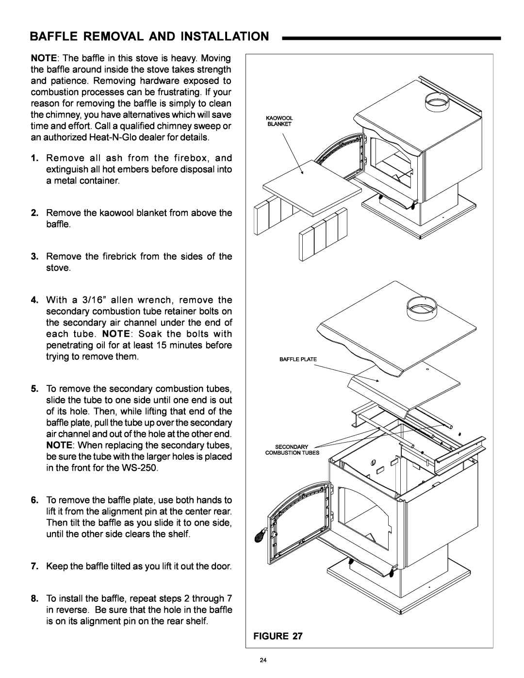 Heat & Glo LifeStyle WS-150, WS-250 installation instructions Baffle Removal And Installation 