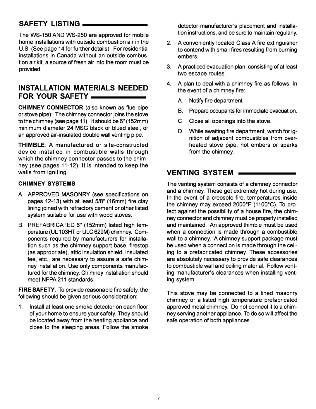 Heat & Glo LifeStyle WS-250 Safety Listing, Installation Materials Needed For Your Safety, Venting System, Chimney Systems 