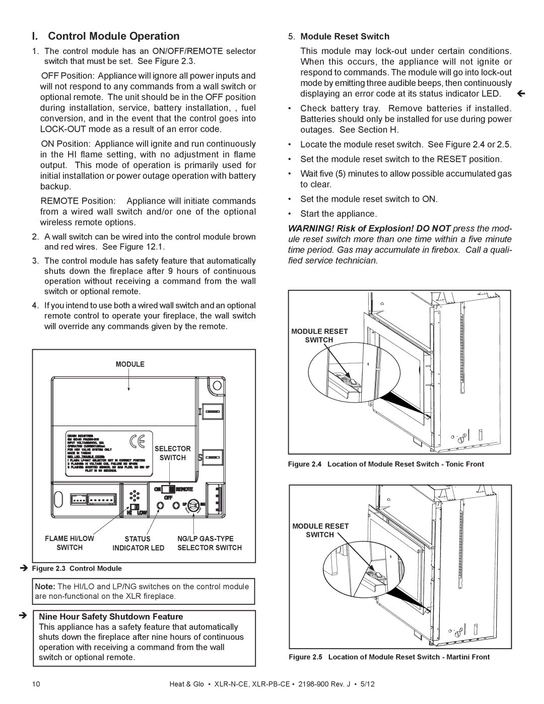 Heat & Glo LifeStyle XLR-N-CE manual Control Module Operation,  Nine Hour Safety Shutdown Feature, Module Reset Switch 