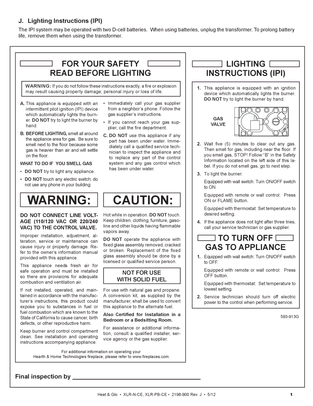 Heat & Glo LifeStyle XLR-PB-CE, XLR-N-CE manual Lighting Instructions IPI, Final inspection by, AGE 110/120 VAC or 220/240 