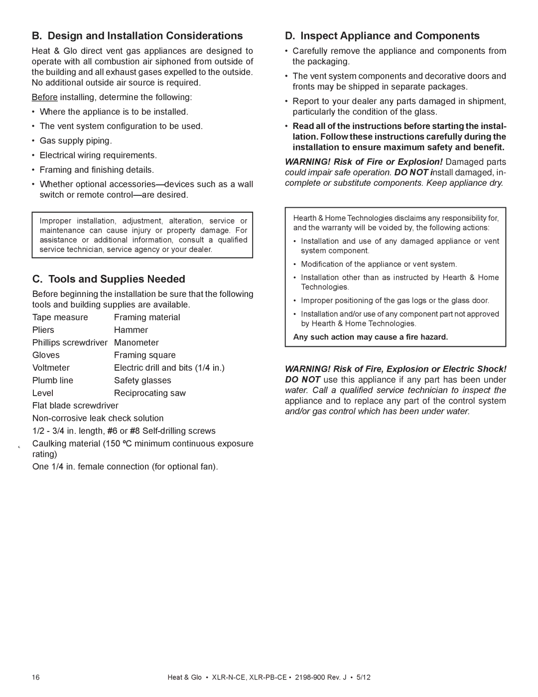 Heat & Glo LifeStyle XLR-N-CE, XLR-PB-CE manual Design and Installation Considerations, Tools and Supplies Needed 