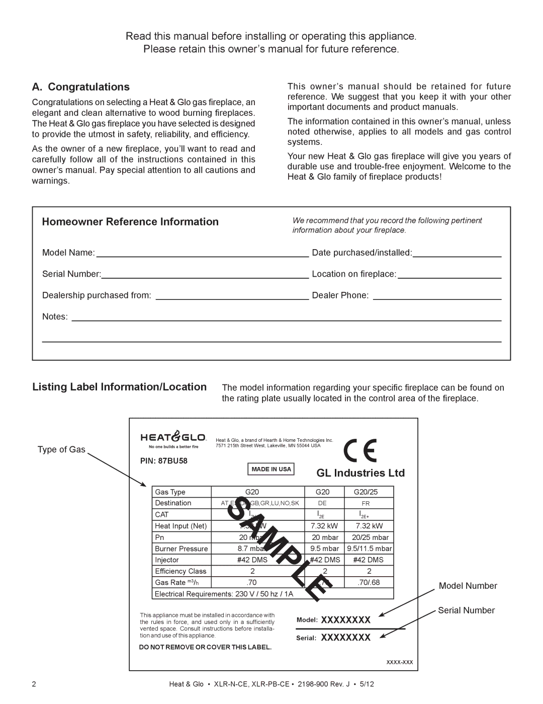 Heat & Glo LifeStyle XLR-N-CE, XLR-PB-CE manual Congratulations, Homeowner Reference Information 