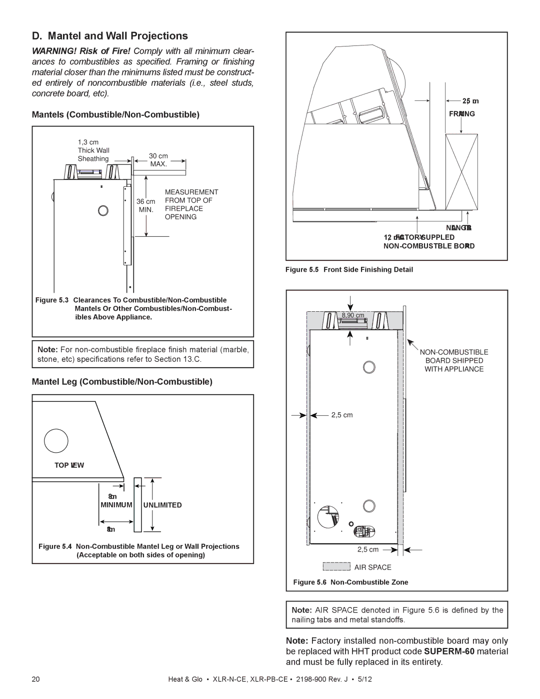 Heat & Glo LifeStyle XLR-N-CE, XLR-PB-CE manual Mantel and Wall Projections, Mantels Combustible/Non-Combustible 