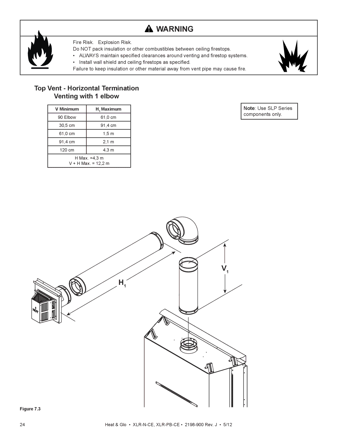 Heat & Glo LifeStyle XLR-N-CE, XLR-PB-CE manual Top Vent Horizontal Termination Venting with 1 elbow, Minimum Maximum 