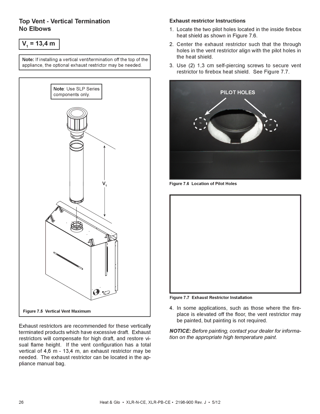 Heat & Glo LifeStyle XLR-N-CE manual Top Vent Vertical Termination No Elbows V1 = 13,4 m, Exhaust restrictor Instructions 