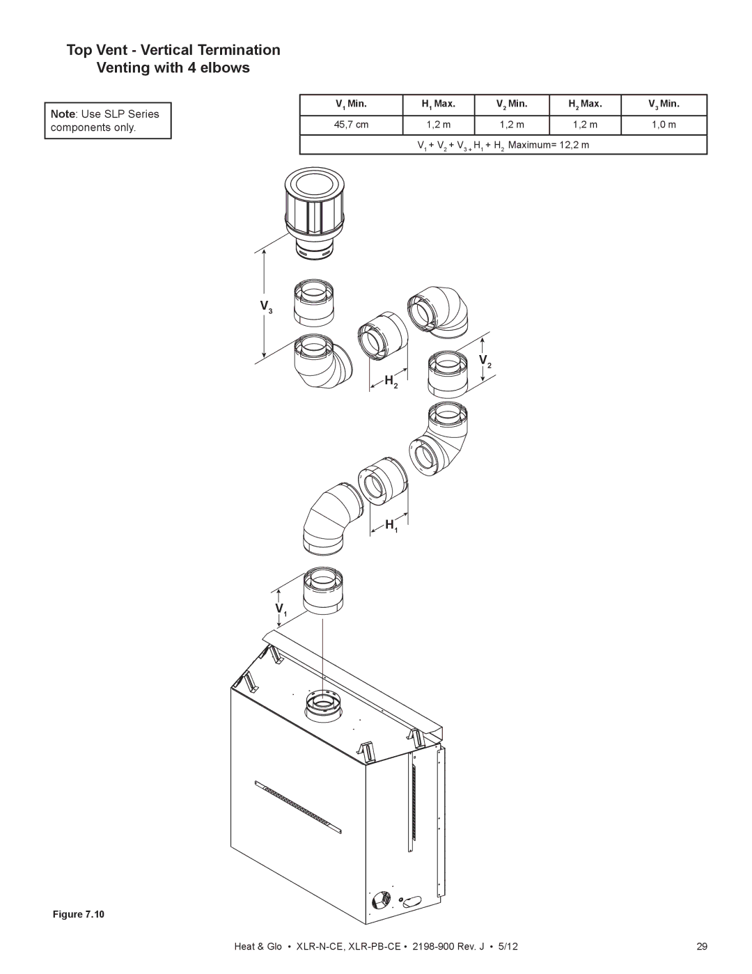 Heat & Glo LifeStyle XLR-PB-CE, XLR-N-CE manual Top Vent Vertical Termination Venting with 4 elbows, Min Max 