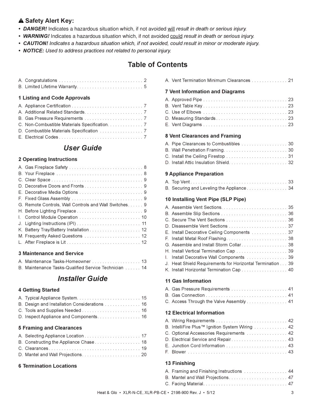 Heat & Glo LifeStyle XLR-PB-CE, XLR-N-CE manual Table of Contents, User Guide 