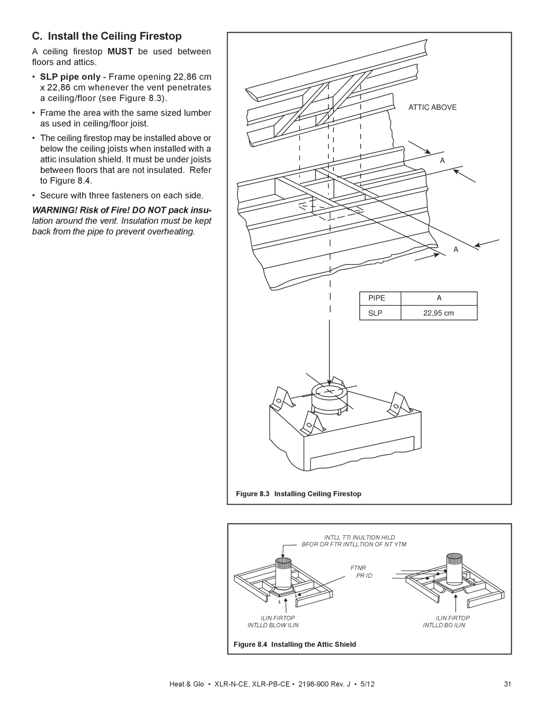 Heat & Glo LifeStyle XLR-PB-CE, XLR-N-CE manual Install the Ceiling Firestop, Pipe SLP 