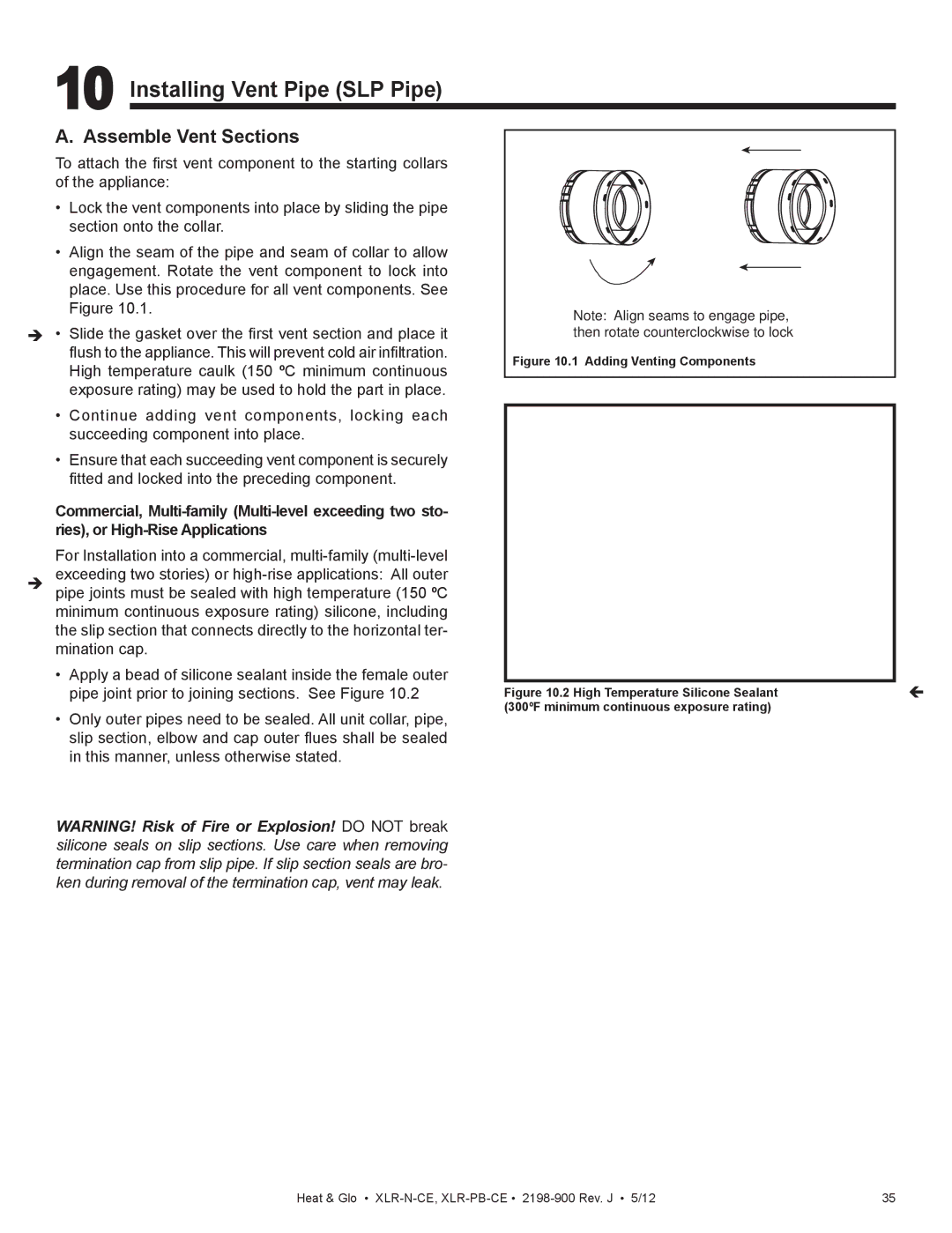 Heat & Glo LifeStyle XLR-PB-CE, XLR-N-CE manual Installing Vent Pipe SLP Pipe, Assemble Vent Sections 