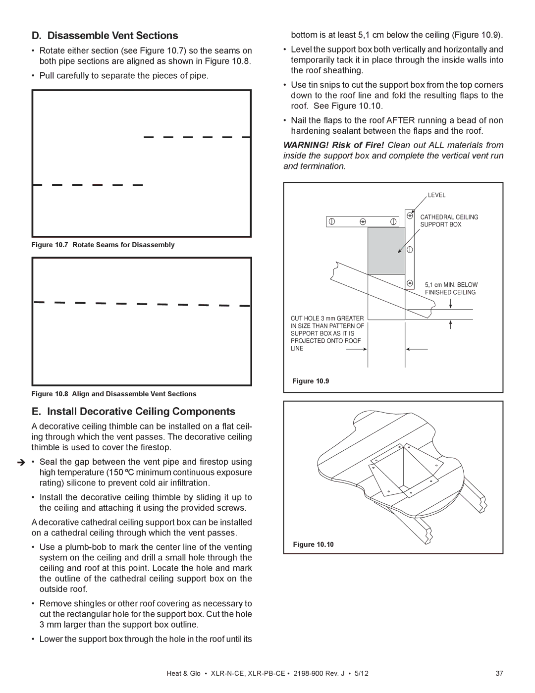 Heat & Glo LifeStyle XLR-PB-CE, XLR-N-CE manual Disassemble Vent Sections, Install Decorative Ceiling Components 