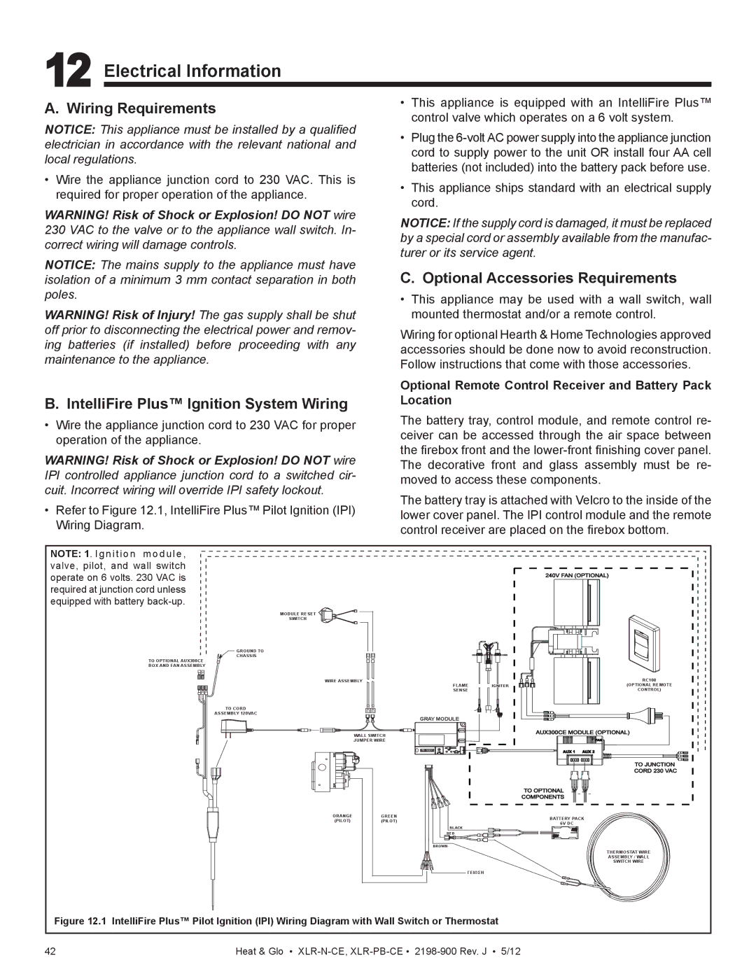 Heat & Glo LifeStyle XLR-N-CE manual Electrical Information, Wiring Requirements, IntelliFire Plus Ignition System Wiring 