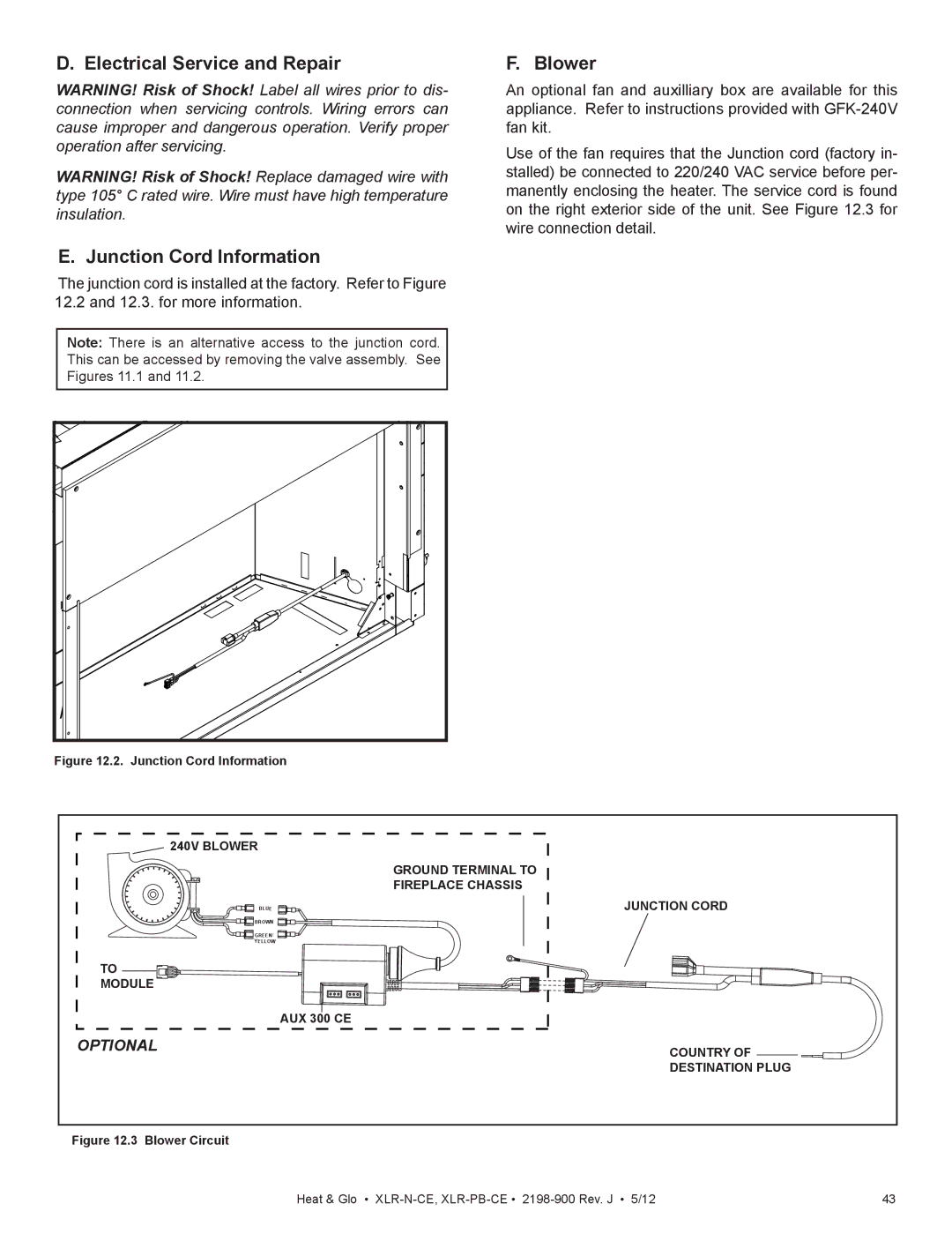 Heat & Glo LifeStyle XLR-PB-CE, XLR-N-CE manual Electrical Service and Repair Blower, Junction Cord Information 