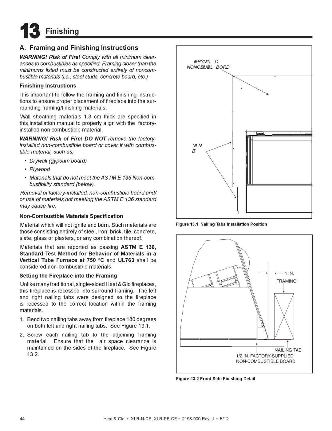 Heat & Glo LifeStyle XLR-N-CE, XLR-PB-CE Framing and Finishing Instructions, Non-Combustible Materials Specification 