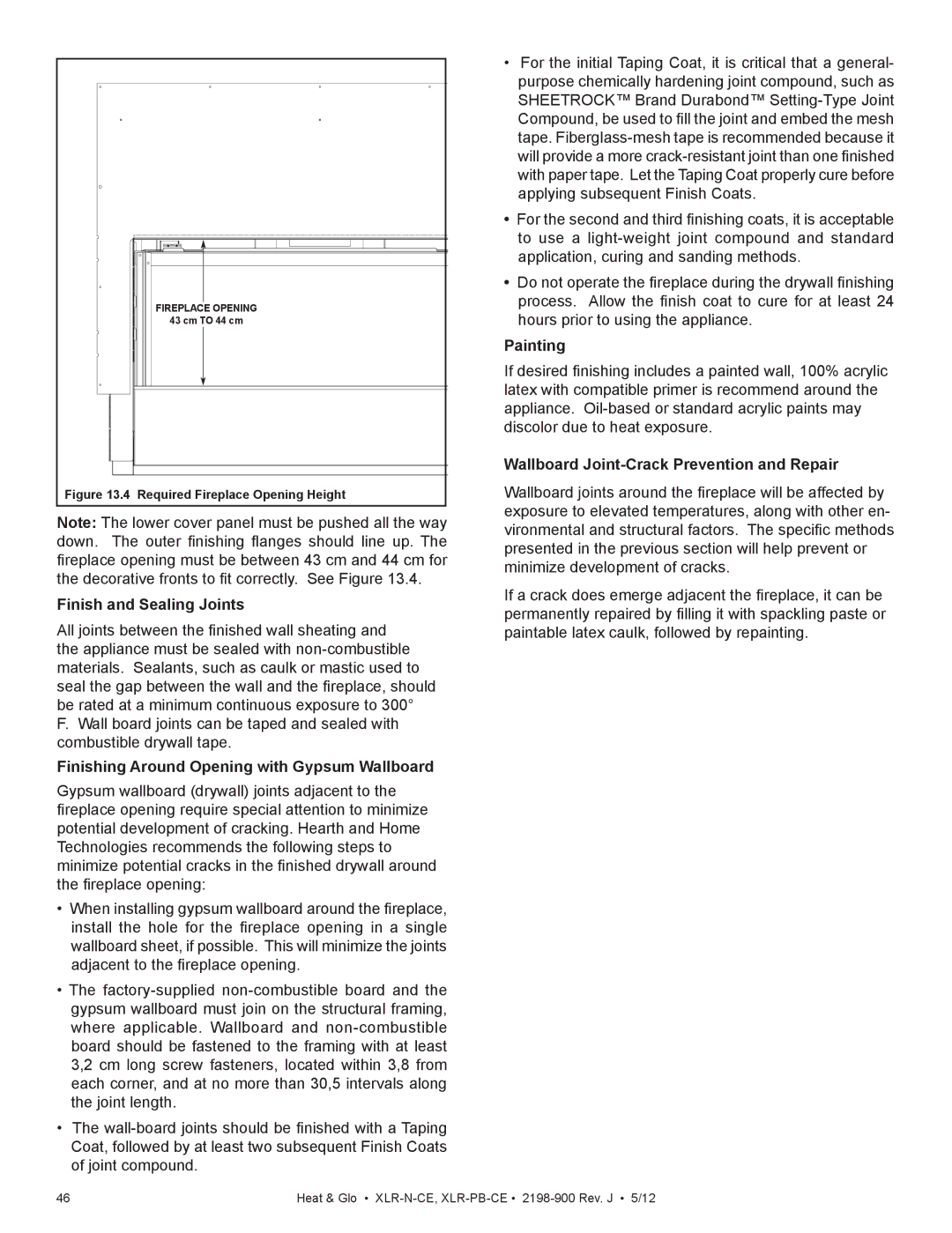 Heat & Glo LifeStyle XLR-N-CE manual Finish and Sealing Joints, Finishing Around Opening with Gypsum Wallboard, Painting 