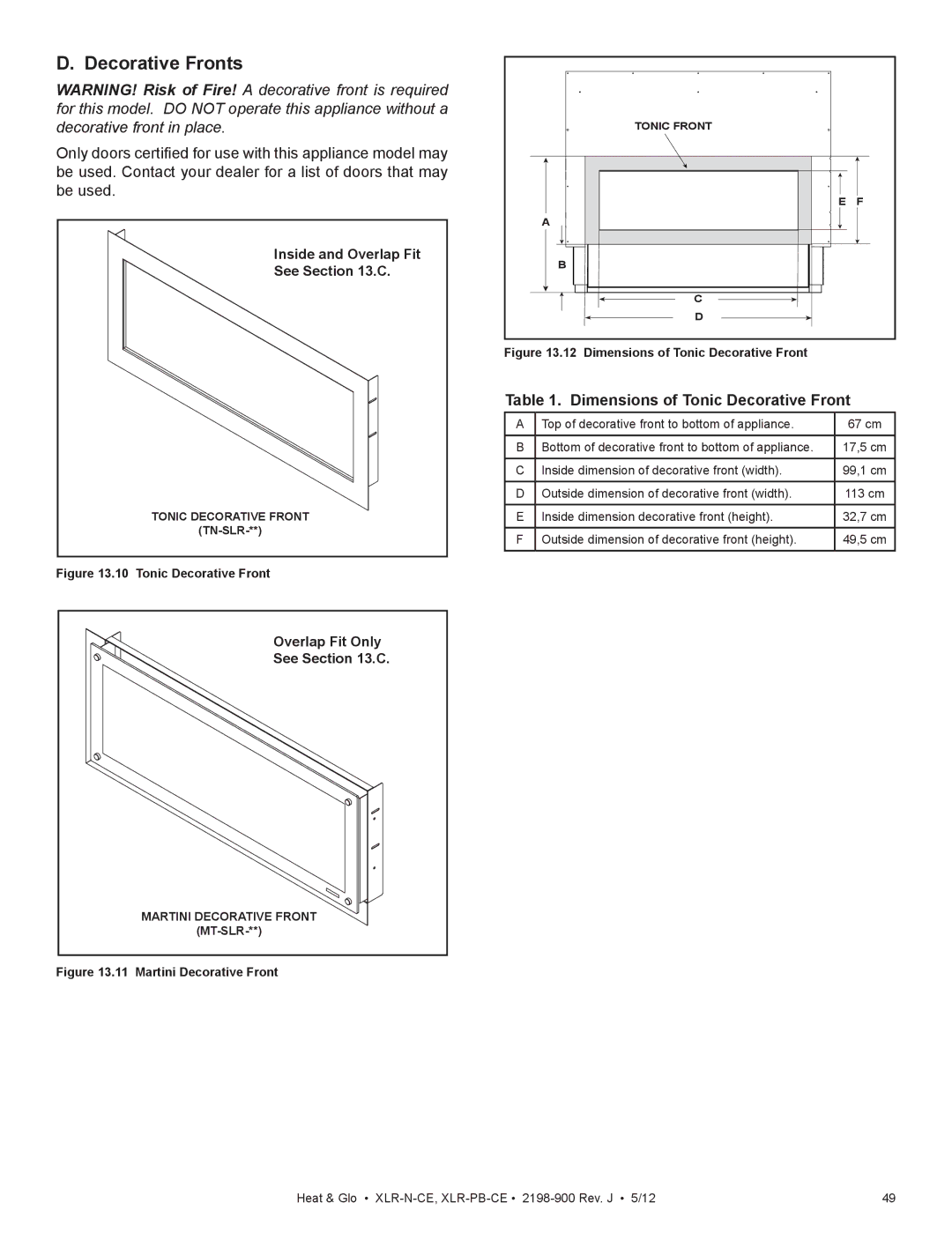 Heat & Glo LifeStyle XLR-PB-CE, XLR-N-CE manual Decorative Fronts, Dimensions of Tonic Decorative Front 