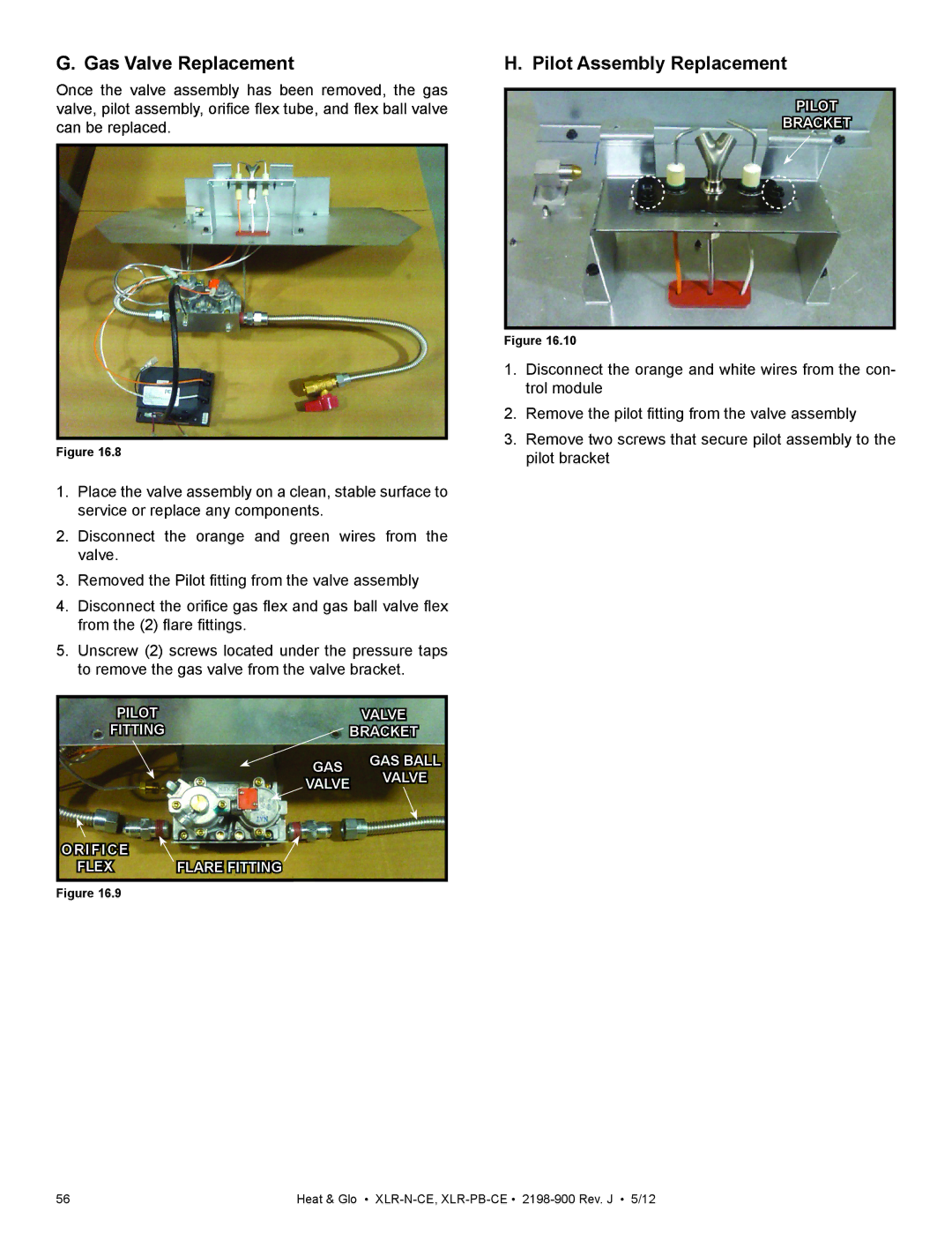 Heat & Glo LifeStyle XLR-N-CE, XLR-PB-CE manual Gas Valve Replacement, Pilot Assembly Replacement 